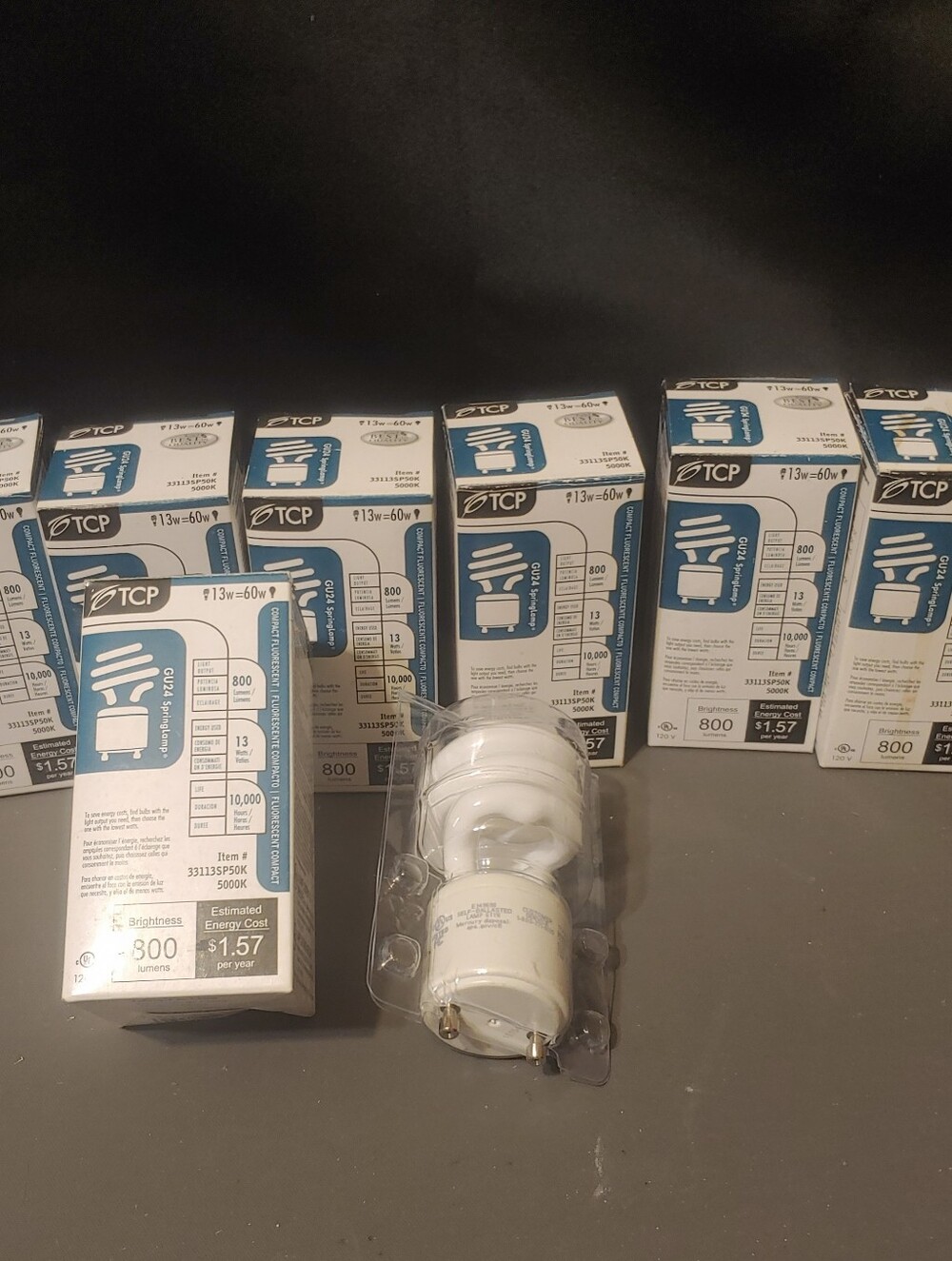 33113SP50K Lot Of 7 TCP Springlamp 13W=60W CFL Spiral Bulbs GU24 Base New